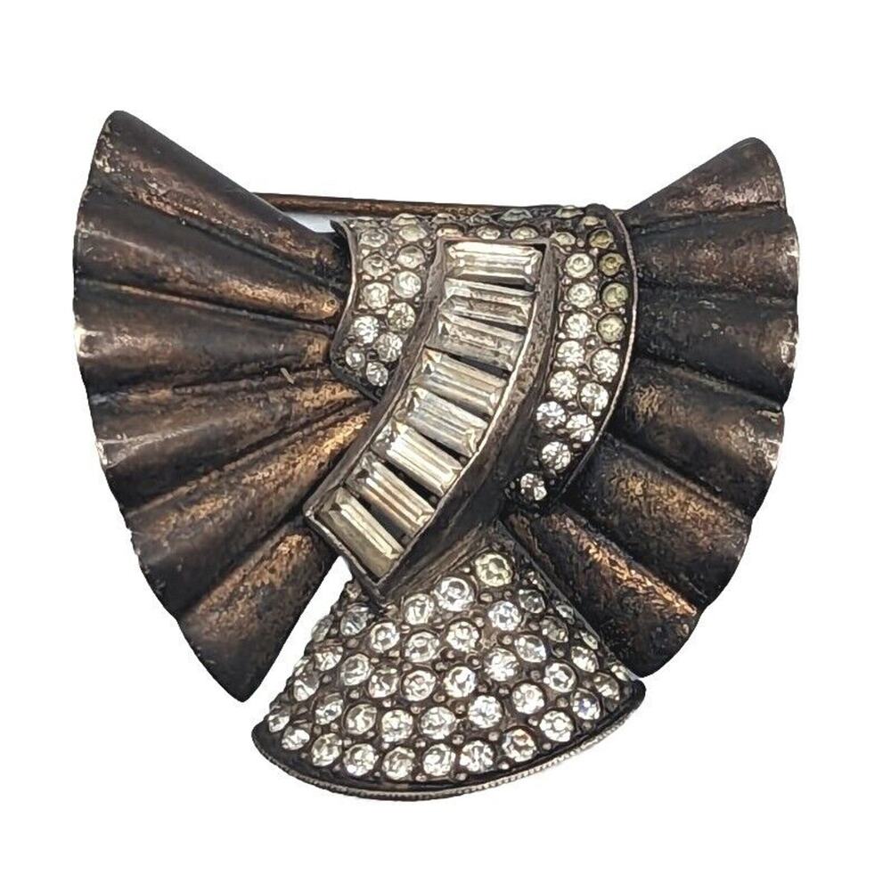 PENNINO Signed Vintage Sterling Silver Clear Rhinestone Tarnished Brooch Pin